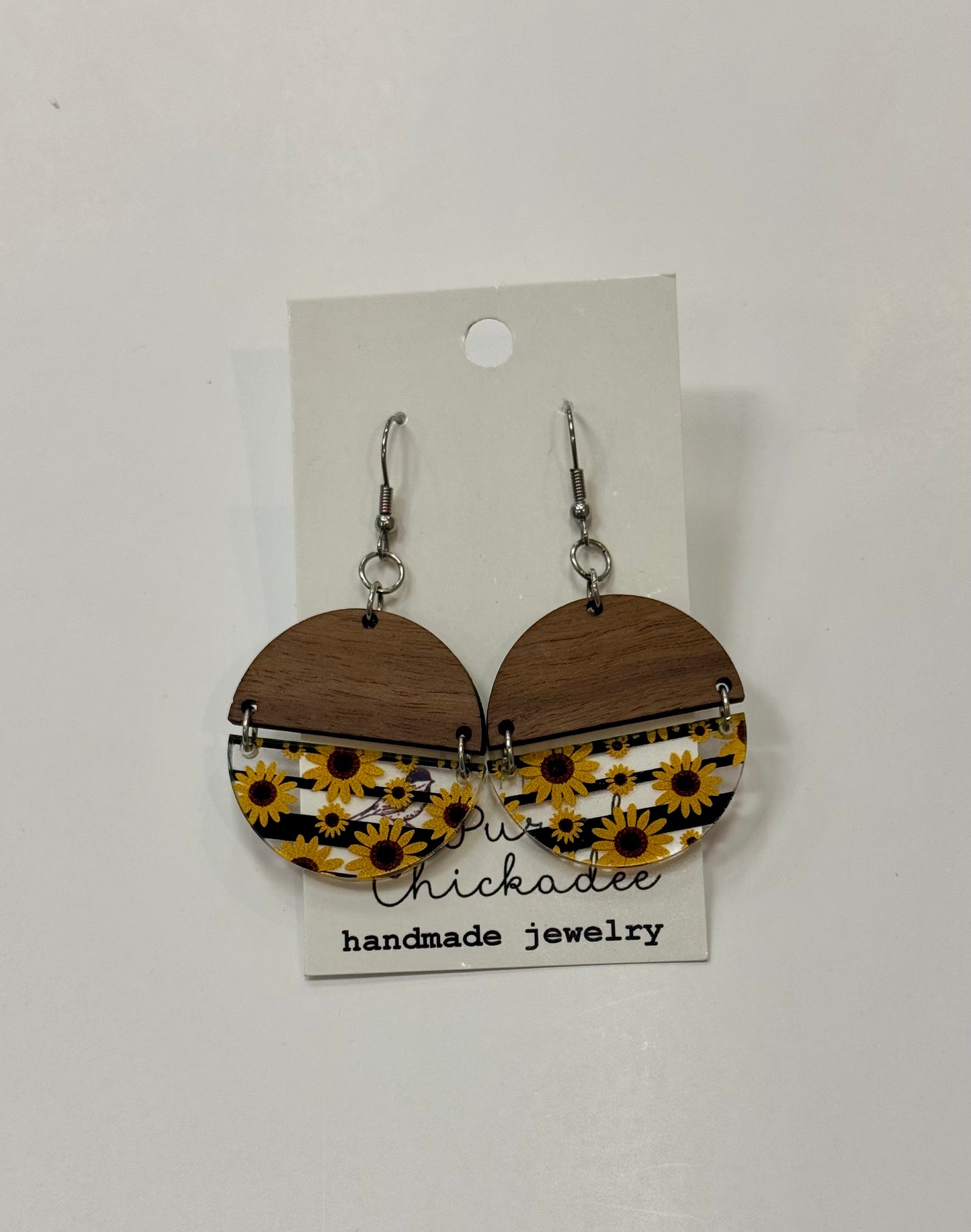 Striped Sunflower Split Wood Earrings