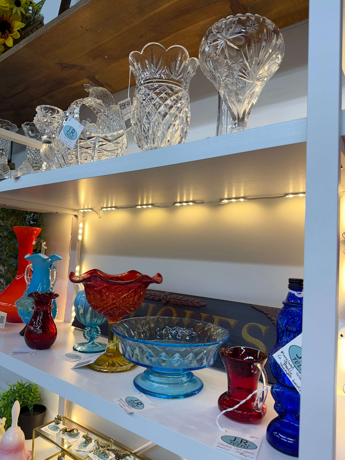 J.R. Retro antique and vintage glass display with Murano bird bowl and carnival glass at The Lazy Daisy