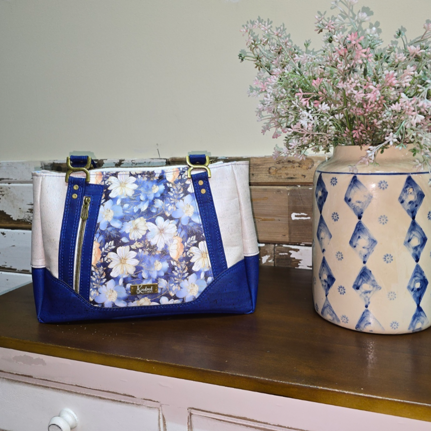 Shoulder Bag - Blue Floral Cork