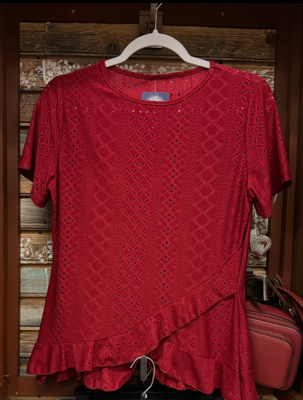 Burgundy Eyelet Ruffle Top