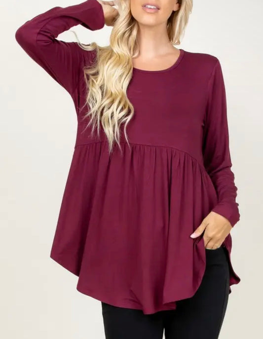 PRE-ORDER - Long Sleeve Babydoll Burgundy Top