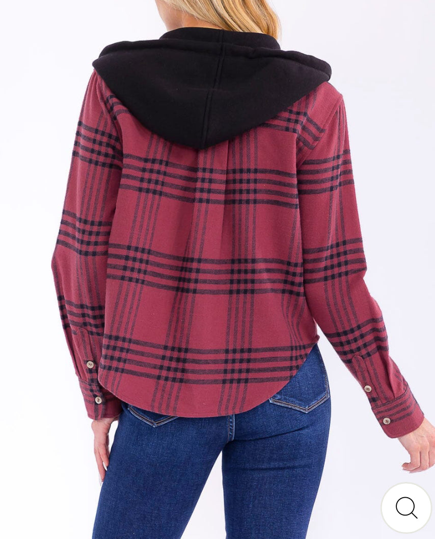 Plaid Hooded Shacket w/Pockets