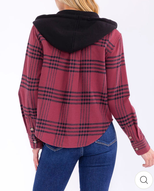 Plaid Hooded Shacket w/Pockets